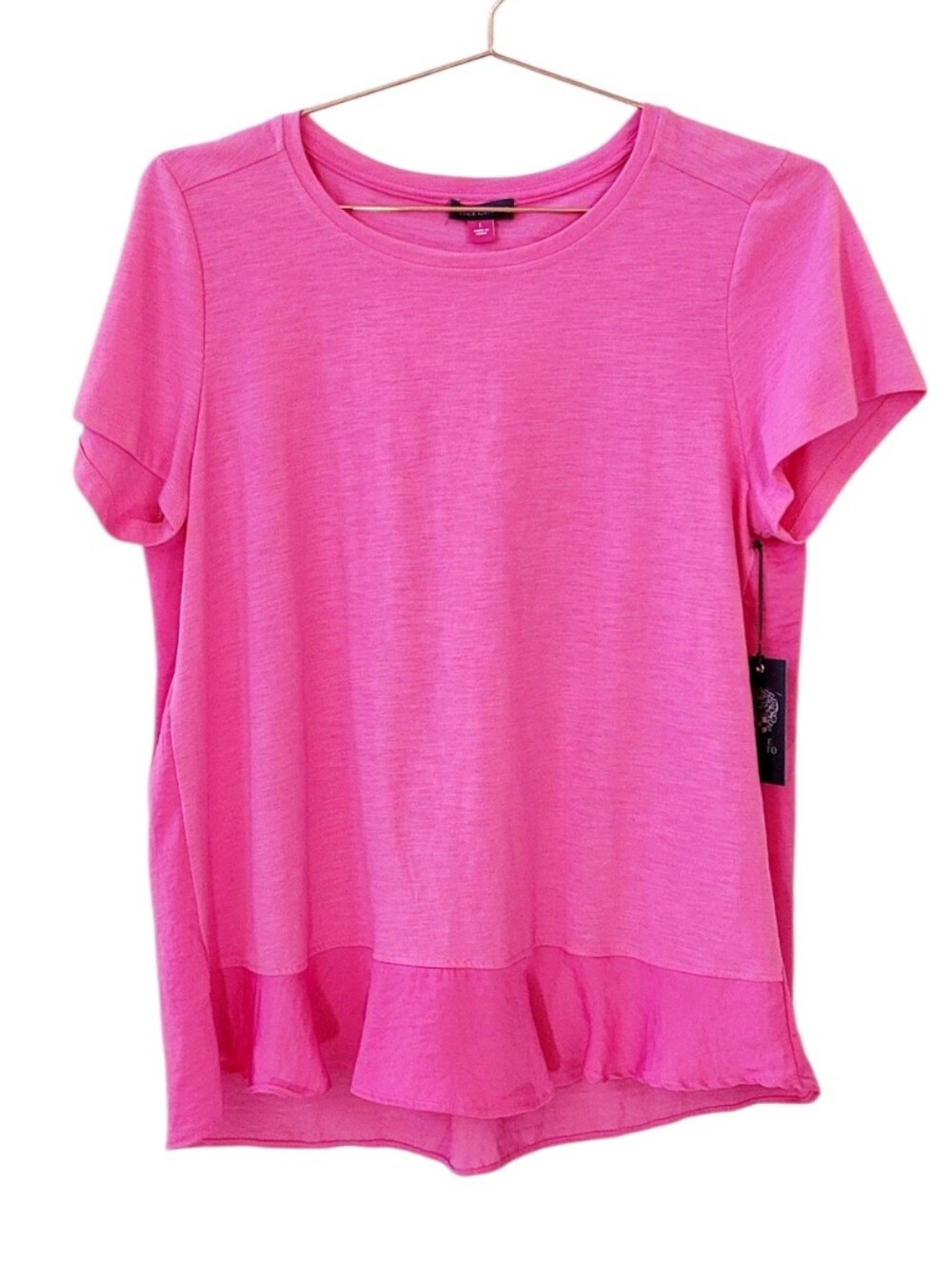 VINCE CAMUTO Bright Hibiscus Pink Short Sleeve Ruffled Pleated Trim Hem Top L